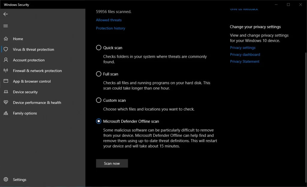Windows 10 Microsoft Defender Offline Scan
