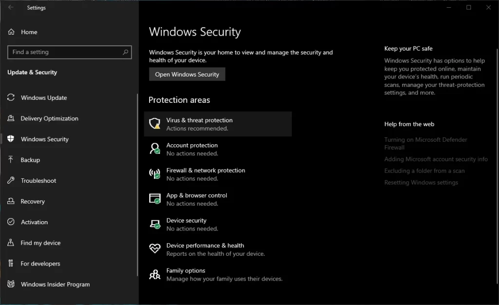 Windows 10 Virus and Threat protection