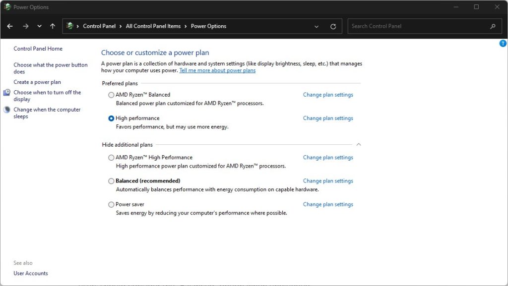 Speed up win11 power options